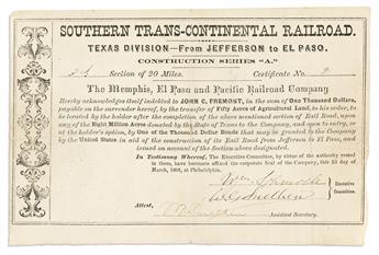 FRÉMONT, JOHN C. Signature, J.C. Frémont, on verso of Southern Trans-Continental Railroad certificate.